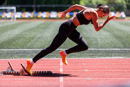 Young strong sprint sportswoman starting burst from starting blocksの写真素材