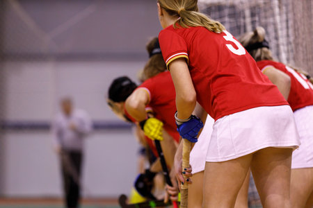 Young girls on an indoor hockey team defending the net during a corner penalty shot.の写真素材