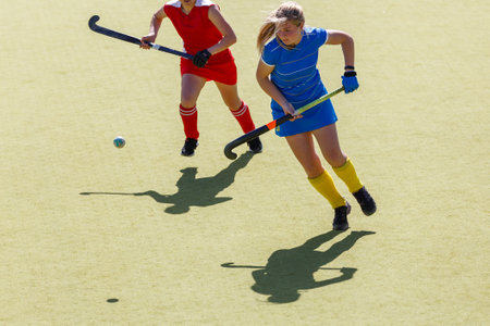 Two female field hockey players fighting for the ball on the pitchの写真素材