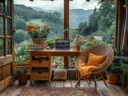 Cozy workspace with view of mountain landscape in a cabin. Generative AIの素材