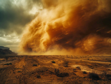 Dust storm envelops desert landscape during cloudy afternoon. Generative AIの素材