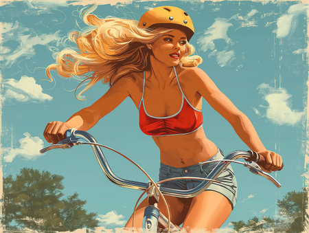 Young woman biking outdoors on sunny day in vintage style artwork. Generative AIの素材