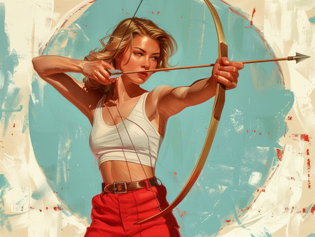 Young woman demonstrates archery skills outdoors in summer. Generative AIの素材