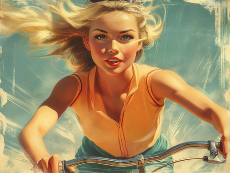 Joyful woman riding bicycle under bright blue sky. Generative AIの素材