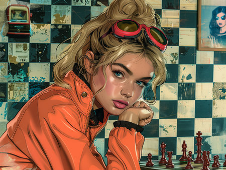 Young girl playing chess in a retro-themed cafe. Generative AIの素材