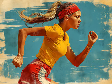 Athlete running on track in vibrant sportswear during daytime. Generative AIの素材