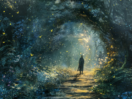Enchanted forest path illuminated by glowing lights at dusk. Generative AIの素材