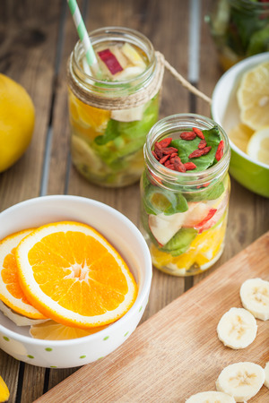 Fresh cutted fruit in jarの写真素材
