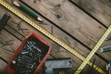 Woodwork tools on wooden tableの写真素材