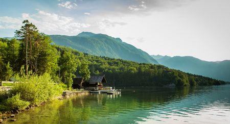 View of bohinj lake in julian alps sloveniaの写真素材