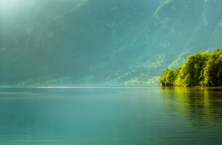 View of bohinj lake in julian alps sloveniaの写真素材