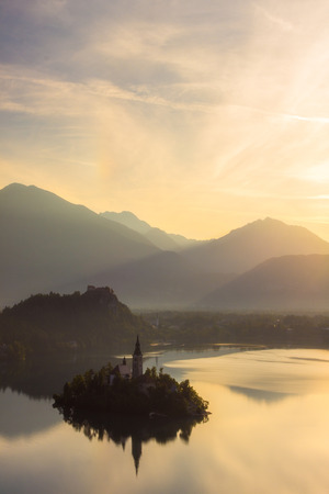 Vertical  view of Bled lake in julian alps sloveniaの写真素材