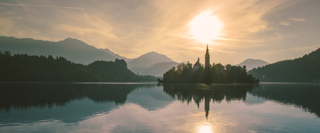 Panorama view of Bled lake in julian alps sloveniaの写真素材