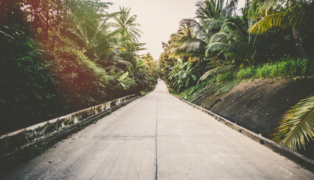 Road on tropical island - vintage retro style. Horizontal image. Sun flare added.