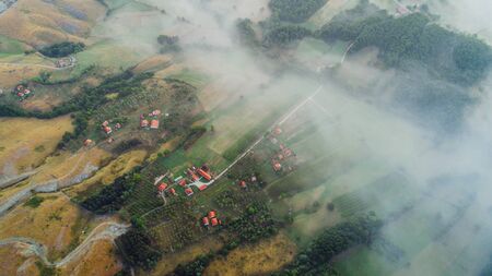 Overhead Aerial Shot of rural area .Shot From air.