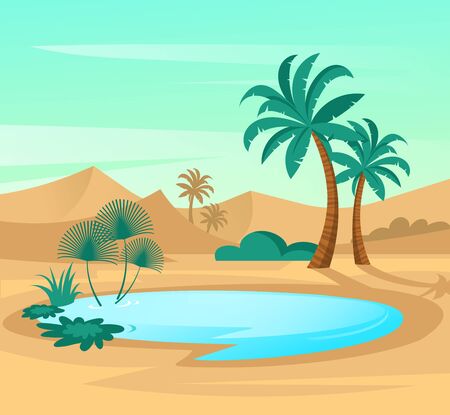 Oasis in desert. Landscape scene in flat design. Vector illustration with sand dunes, blue lake and palms.のイラスト素材