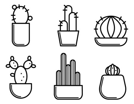 Icon set of cactuses. Vector illustrations in thin line style.のイラスト素材