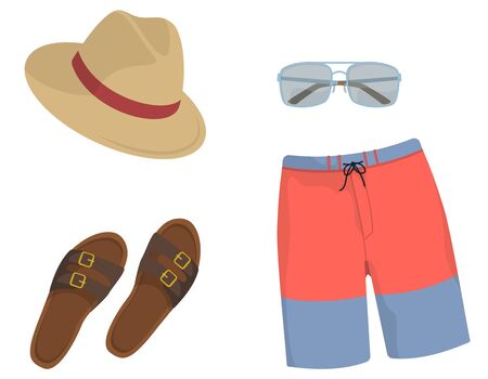 Men's clothing and accessories. Beach collection in cartoon style.のイラスト素材