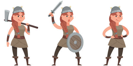 Viking in different poses. Female character in cartoon style.のイラスト素材