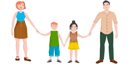 Friendly family in cartoon style. Mother, father, son and daughter holding hands.のイラスト素材