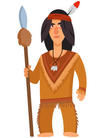 American Indian holding spear. Male character in cartoon style.のイラスト素材