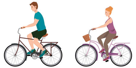 Man and woman riding bicycle. Male and female characters in cartoon style.のイラスト素材