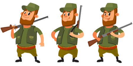 Hunter in different poses. Male character in cartoon style.のイラスト素材