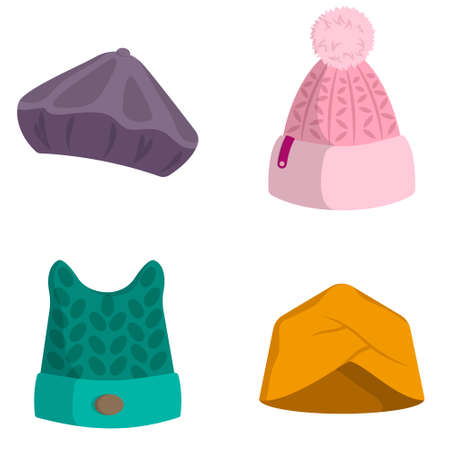 Set of women's hats. Winter clothes in cartoon style.のイラスト素材