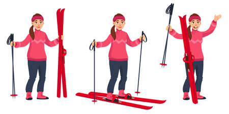 Female skier in different poses. Beautiful character in cartoon style.のイラスト素材