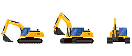 Excavator in different angles. Special machinery in cartoon style.のイラスト素材