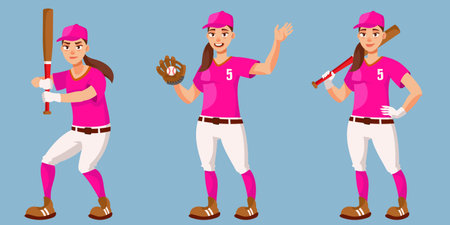 Baseball player in different poses. Female person in cartoon style.のイラスト素材