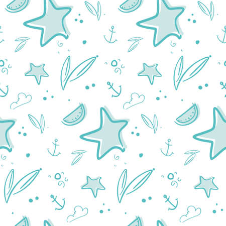 Seamless pattern with stars and anchors. Summer texture in doodle style.のイラスト素材