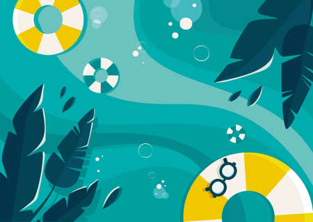 Banner template with ocean and palm leaves. Summer concept in flat design.
