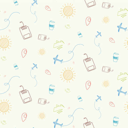 Seamless pattern with airplane, mountain and sun. Texture with travel elements in doodle style.のイラスト素材
