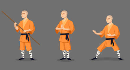 Shaolin monk in different poses. Male character in cartoon style.のイラスト素材