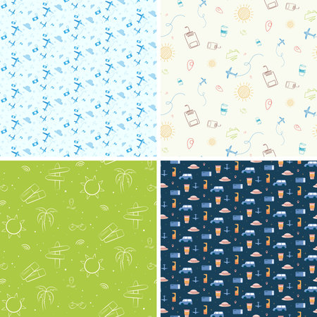 Set of seamless patterns with travel elements. Beautiful textures in different styles.のイラスト素材