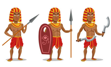 Egyptian warrior in different poses. Male character in cartoon style.のイラスト素材
