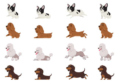 Set of dogs in different poses. French bulldog, Cocker Spaniel, Poodle and Dachshund in cartoon style.のイラスト素材
