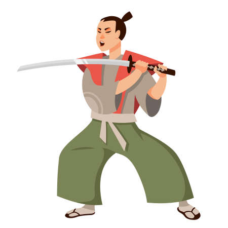 Samurai in attacking position. Japan character in cartoon style.のイラスト素材