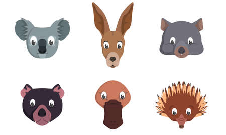 Set of australian animal heads. Wildlife inhabitants in cartoon style.のイラスト素材
