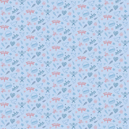 Seamless pattern with american symbols. Texture with USA public holidays attributes in doodle style.のイラスト素材