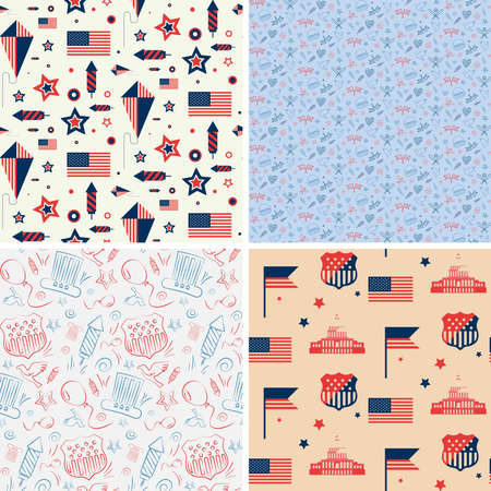 Set of seamless patterns with american symbols. Beautiful textures in different styles.のイラスト素材