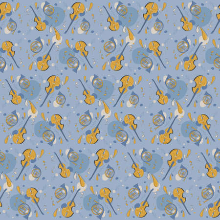 Seamless pattern with violin and french horn. Texture with classical music symbols in doodle style.のイラスト素材