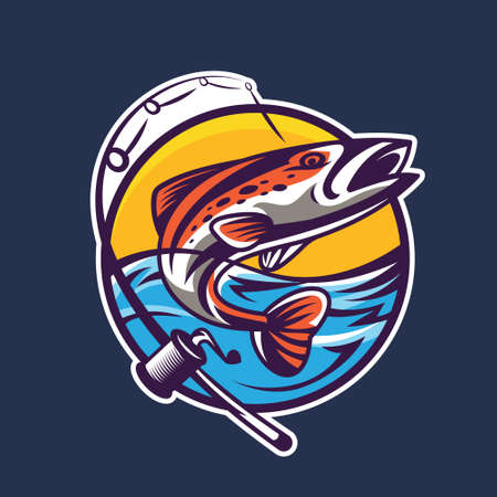 Salmon with spinning rod. Concept art of fishing in cartoon style.のイラスト素材