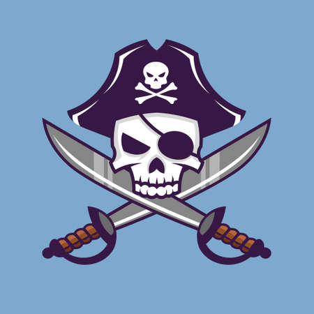 Skull with crossed sabers. Pirate concept art in cartoon style.のイラスト素材