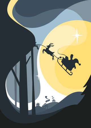 Santa flying in sleigh with reindeers in night sky. Christmas placard design.のイラスト素材