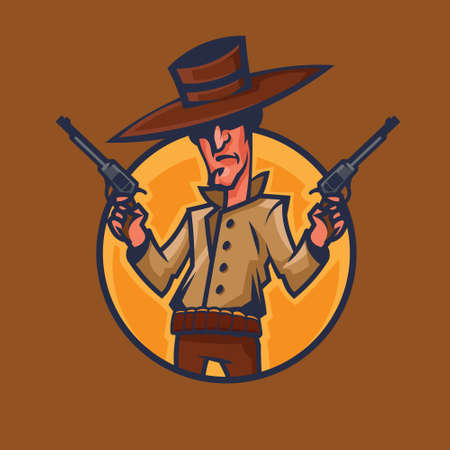 Cowboy holding revolvers. Wild West concept art in cartoon style.のイラスト素材