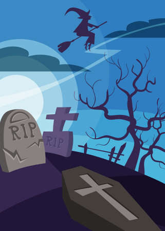 Poster with witch flying over the cemetery. Halloween placard design in cartoon style.のイラスト素材