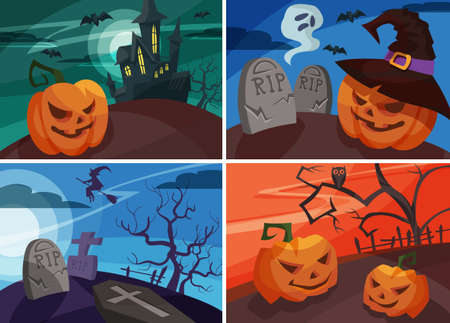 Set of Halloween banners in cartoon style. Different placards designs.のイラスト素材