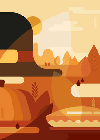 Abstract poster with traditional hat and pie. Thanksgiving placard design in flat style.のイラスト素材